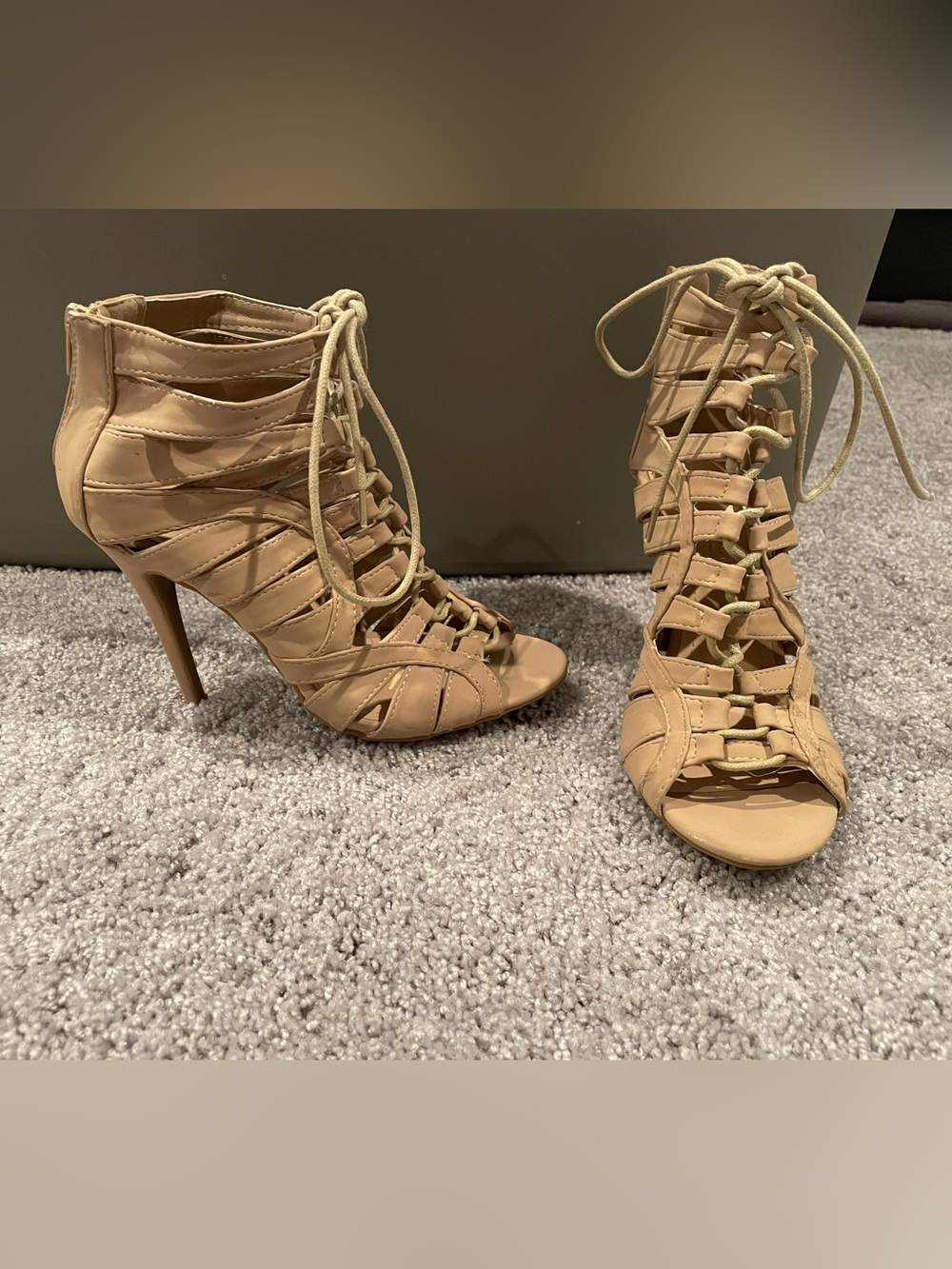 Ann Michell Nude Lace-Up Strappy High Heel Sandals